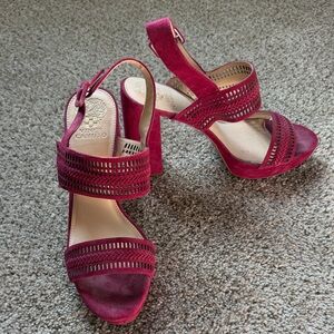 Vince Camuto Wine Suede Laser-Cut Block Heel Sandals